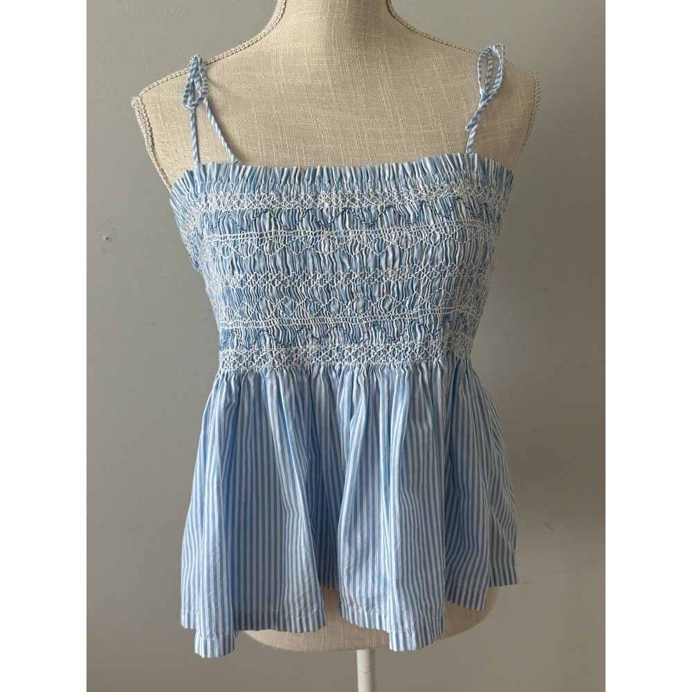 J.Crew Paloma Smocked Peplum Top Blue White Stripe Tie Strap Women’s Size M